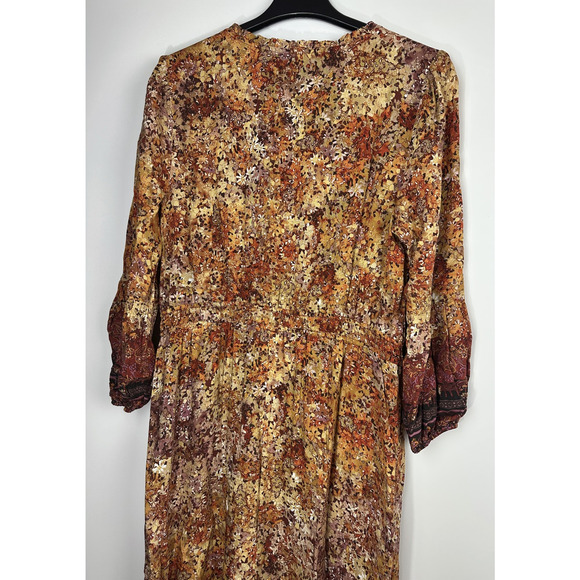 Frye & Co Fall Brown Orange Midi Long Sleeve Dress XL Western Boho Smock Ruffle - Picture 6 of 12